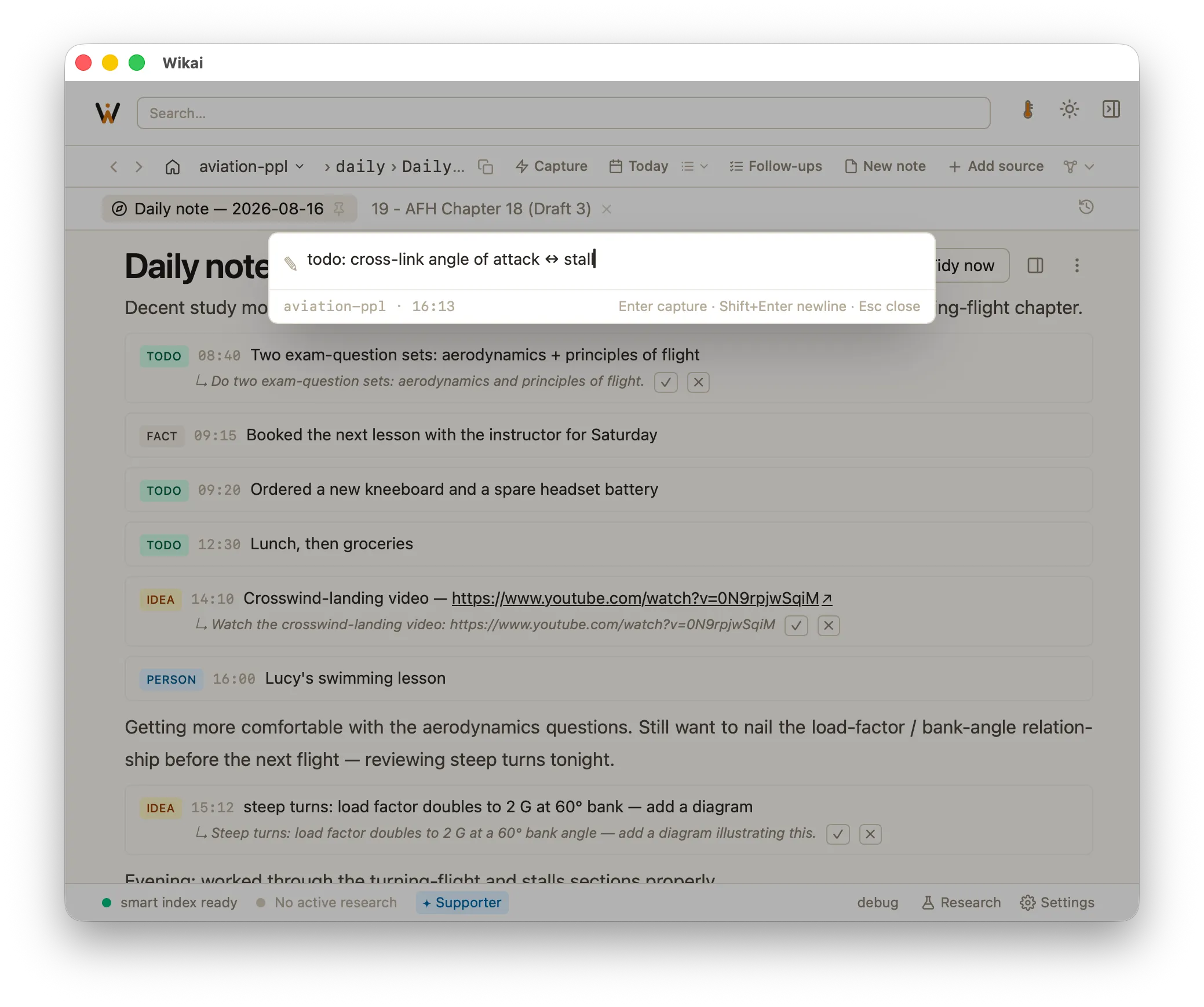 Today's daily note draining into linked pages.