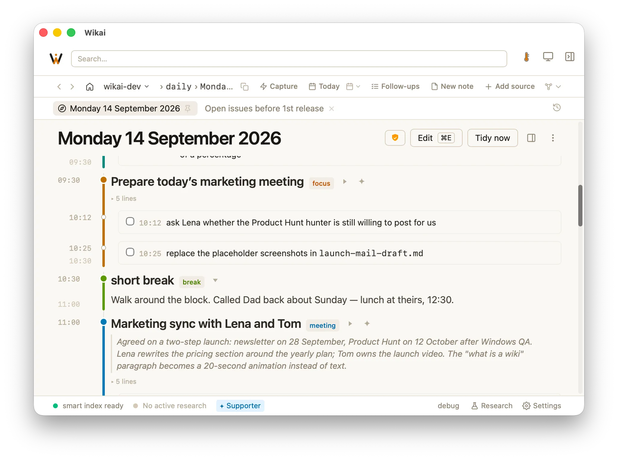Daily notes with thoughts and meeting notes on today’s timeline.